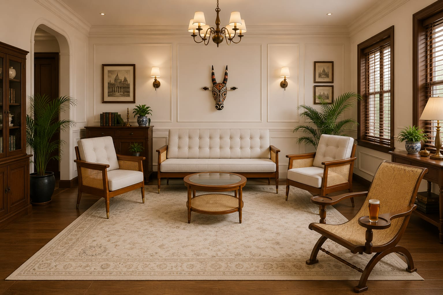 A living room furnished with bespoke caned chairs and a sofa
